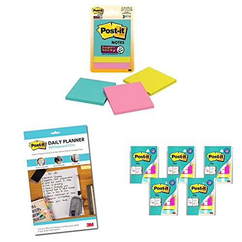 Image of 3M Post-it Super Sticky Notes, 3 Pads x 45 Sheets & 3M Post-it Dry Erase Writing Surface, Pack of 2 & Post-it Flags - Pack of 5