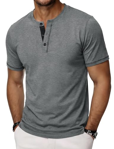 Wayleb Tee Shirt Homme en Coton Henley T-Shirt avec Manches Courtes Col Tunisien à Boutons Décontracté Basique