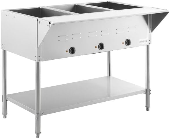 Mesa de vapor eléctrica de 3 bandejas, acero inoxidable, 120 V 1500 W, pozo abierto con estante inferior, 43 x 30 x 34 pulgadas, calentador de