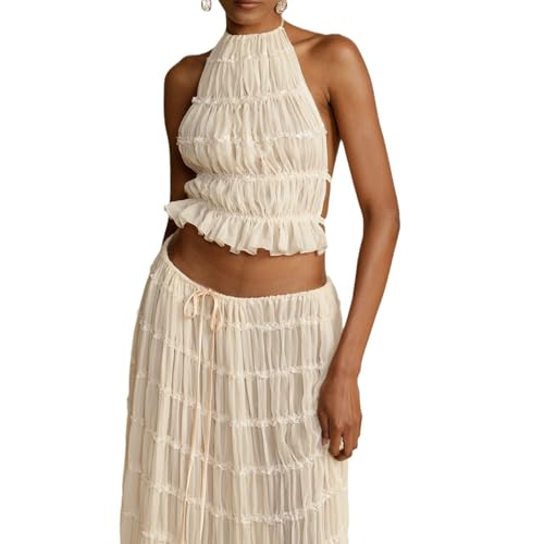 Womens 2 Piece Summer Outfits Chiffon Halter Backless Crop Top and Flowy Tulle Ruffle Maxi Skirt Sets2