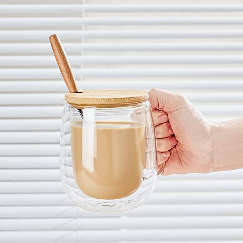 Mugs 12 Oz Glass Espresso Cup With Lids Spoon - Double Wall Insulated Clear Coffee Mugs With Handle & Suspended Base Design - Thick Expresso Coffee Cups For Americano, Lattes, Tea (Set Of 2,Gift Box) #TOP3