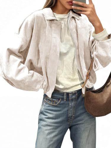 Image of Cicy Bell Womens Faux Suede Bomber Jackets Oversized Cropped Zip Up Lapel Coats Fall Casual Outerwears