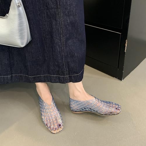 Image of Jelly Mesh Ballet Flats for Women Clear Hollow Jelly Shoes Sandals Round Toe Non-Slip Beach Ballerina Jellies Flats Shoes