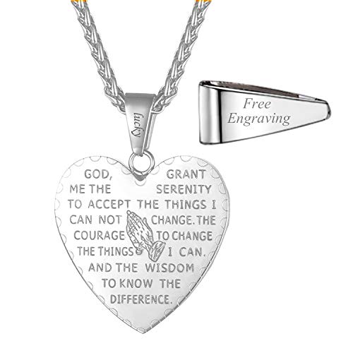 U7 Bible Verse Prayer Necklace with Chain Christian Jewelry Stainless Steel Praying Hands Coin Medal Pendant, Customizable (B1.Heart Prayer Stainless Customized, 22)
