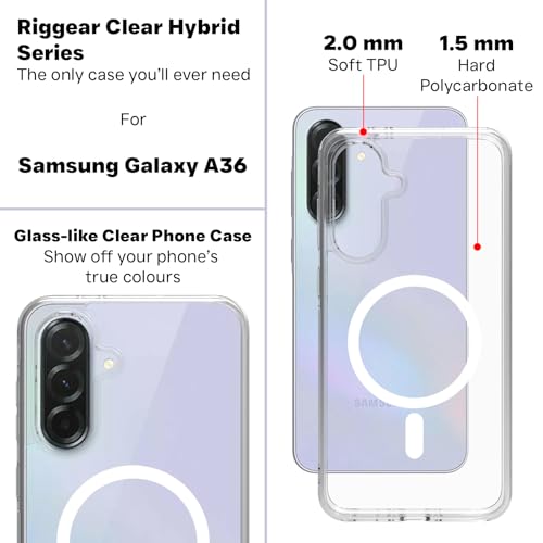 Image of RIGGEAR Shockproof Clear Hybrid Armor Magnetic Back Cover Case Compatible with MagSafe Accessories for Samsung Galaxy A36 5G (Clear PC+ Transparent TPU Bumper)