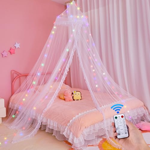 MHJY Toldo de cama para niñas, mosquitera, cortinas de cama para niños con luces LED y control remoto, decoración de habitación de princesa para niños, accesorios de dormitorio