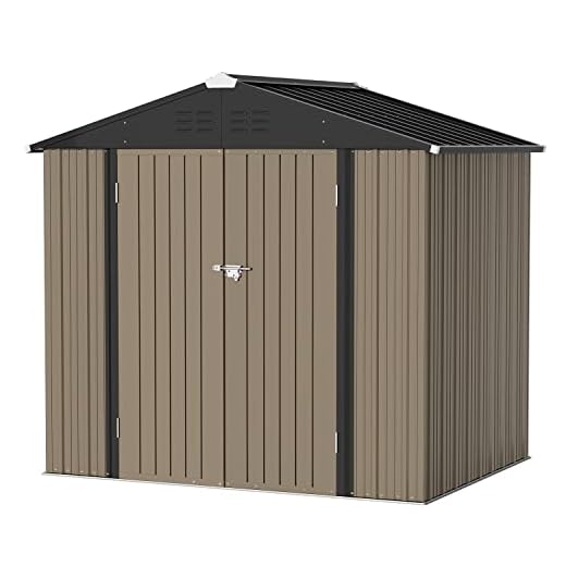 Greesum Metal Outdoor Storage Shed 8FT x 6FT, Steel Utility Tool Shed Storage House with Door & Lock, Metal Sheds Outdoor Storage for Backyard Garden Patio Lawn (8’x 6'), Brown