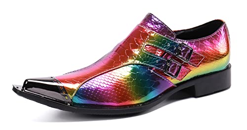 Santimon Mens Rainbow Dress Loafers Buckle Comfortable Metal Cap Toe Church Style Wedding Party Travel Shoes for Men2
