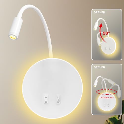 uksunvi LED Wall Lamp Bedside Table Reading Wall Lamp 12W LED Wall Reading Lamps Adjustable Spotlight 3W +9W 3000K Warm Light (White Round) - Image 4