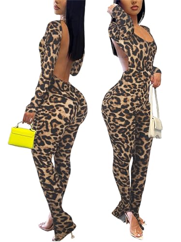 Image of Bodycon Jumpsuits for Women Sexy Backless Long Sleeve Scoop Neck Stacked Split One Piece Outfits, A Black Leopard, S