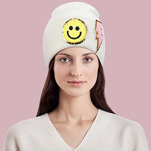 3 Pcs Preppy Smile Face Beanie Hat Winter Pink Knit Cap With Embroidered Smile Patch For Girls Women Kids #TOP5