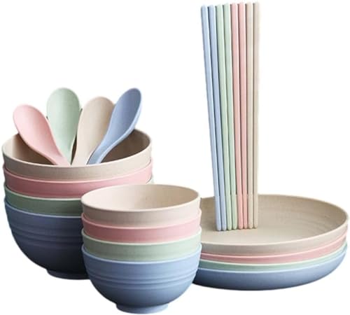 Tirczil 食器セット 小麦ら食器 プラスチック ディナーセット 一人暮らし 二人暮らし 4人食器セット フェミリー 電子レンジ温め対応 和食器 カラフル食器 電子レンジ利用可能 (B)