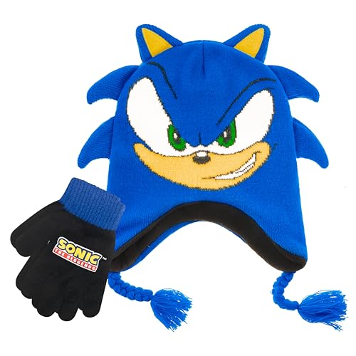 Sonic The Hedgehog Winter Hat and Gloves Set Blue Sonic Hat for Boys Ages 5-13 Winter Hat with Scarf and Glove Set