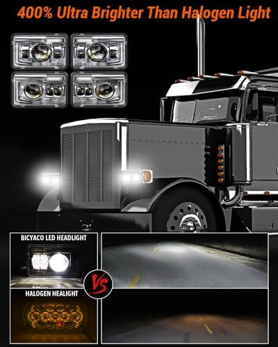 Image of BICYACO 4 PCS DOT 4x6 Inch LED Headlights Rectangular Replacement H4651 H4652 H4656 H4666 H6545 Compatible with Peterbilt Kenworth Freightinger Ford Probe Oldsmobile Cutlass