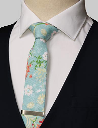 Image of Men's Skinny Tie Floral Cotton Necktie and Tie Bar Clip Sets, Great for Weddings,Groom,Groomsmen
