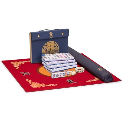 Yellow Mountain Imports Mahjong Bundle - Royal Azure Chinese Mahjong Game Set with Mahjong Mini-Tiles Bracelet and Red 31.1-inch Table Cover