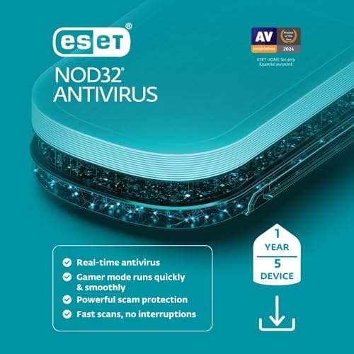 ESET NOD32 Antivirus | 2024 Edition | 5 Device | 1 Year | Antivirus Software | Gamer Mode | Light System Footprint | Official Download with License