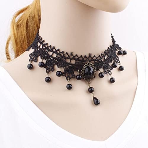 Black Retro Choker Gothic Tattoo Lace Choker Black Tassel Crystal Choker Necklace with Water Droplets Shape Pendant Necklace for Women and Girls