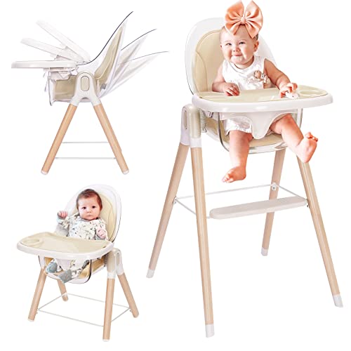 Image of Tiny Dreny Baby High Chair, 6-in-1 Convertible Wooden High Chair, Recline Chair with Adjustable Hardwood Leg, High Chairs for Babies and Toddlers, Double Dishwasher Safe Tray & Premium Leatherette