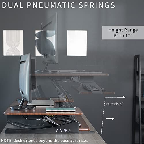 Image of VIVO Dark Walnut 42 inch Standing Desk Converter, DESK-V000VLD | Height Adjustable, Stand Up Desk Riser, Wide Keyboard Tray, Dual Monitor and Laptop Workstation, Black Frame, V Series