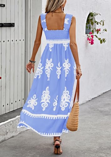 Image of PRETTYGARDEN Women's Sleveless Boho Maxi Dress | Boho Floral,Square Neck,Wide Ruffle Straps,with Pockets,Smocked A Line Dresses,Flowy Sundress for Summer Beach,Travel,Party