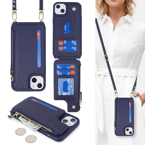 Étui portefeuille en cuir pour iPhone 14 avec sangle et porte-cartes bleu