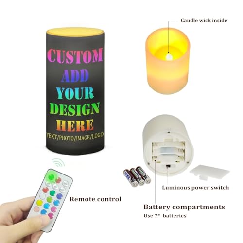 Image of Poceacles Custom Flameless Candles Personalized Pillar Candle Home Table Ornaments, Custom Your Image /Photo /Text LED Candles with Color Changing Timer Remote Fake Candle Home Decoration