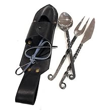 ARTIZANSTORE Hand Forged Cutlery Set | Medieval Eating Utensils with Leather Belt Pouch | Iron Flatware for Travel | Antique Style for LARP & Cosplay