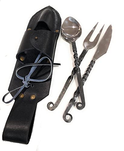 ARTIZANSTORE Hand Forged Cutlery Set | Medieval Eating Utensils with Leather Belt Pouch | Iron Flatware for Travel | Antique Style for LARP & Cosplay
