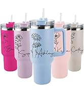 Ships Next Day,Birth Flower 40 Oz Tumbler with Handle and Straw, Personalized Tumbler with Name I...