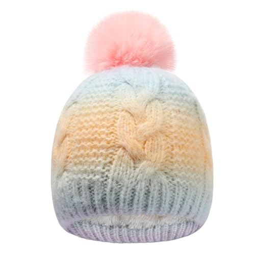 Kids Knit Slouchy Beanie Girls Winter Hat Warm Fleece Lined Pom Pom Cap, Multicolor