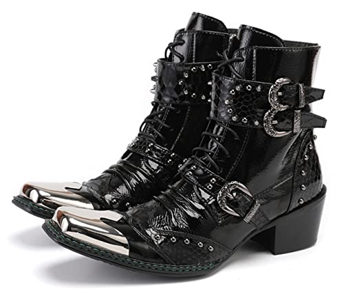 Santimon Mens Boots Casual Black Western Leather Fashion Square Toe Metal Tip Dress Ankle Boot