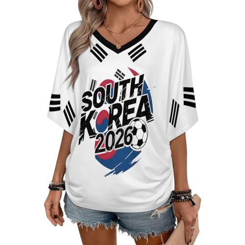 South Korea Jersey 2026 World Soccer Cup Shirt for Women Soccer Game Jersey Oversized Tee Shirts Casual Loose V Neck Short Sleeve Tops Football Team Fans Clothes Outfits Medium