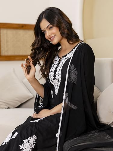 Image of TRENDMALLS Women's Cambric Cotton Embroidery Work Kurta Pant with Dupatta Set