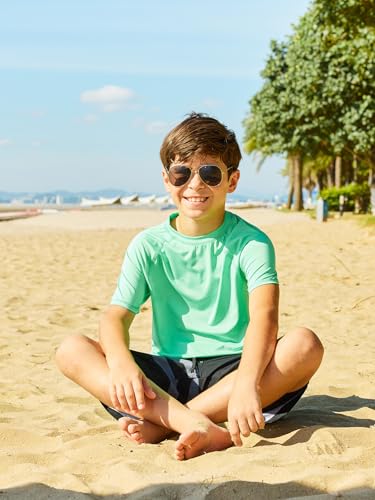 HODOSPORTS Boys UPF 50+ Rash Guard Swim Shirts Short Sleeve Quick Dry UV Protection Sun Shirt Light Green