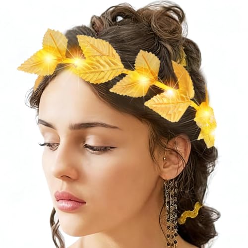 CAKURE Greek Leaf Headband Light Up Gold Roman Laurel Wreath Headpiece Toga Party Hair Accessories for Women(Pack of 2) (a-warm yellow, one size)