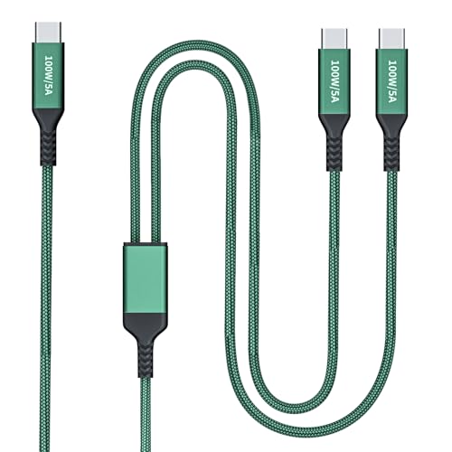 100W 2-in-1 USB-C Cable 4FT Green Dual USB C 5A Fast Charging Splitter Multi USB Type C Charge for MacBook Air iPhone 15 Plus/Pro Max iPad Pro Samsung Galaxy S24 S23 Tab S9 Lenovo Dell Laptop