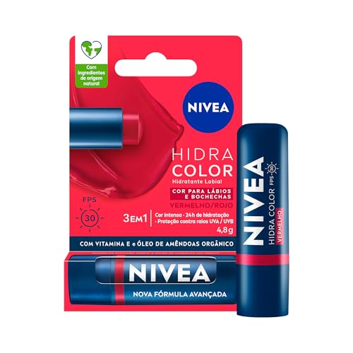 NIVEA Hidratante Labial Hidra Color 2 em 1 Vermelho 4,8g - Combina cor intensa e hidratação enriquecida com...
