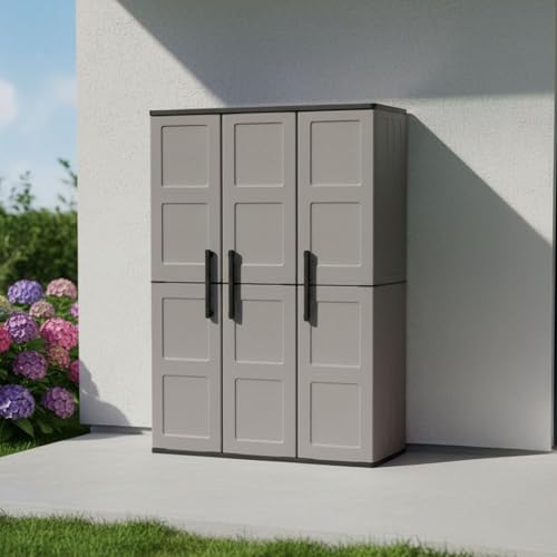 Dmora - Armoire d'extérieur Bilzen, Mobilier d'extérieur, Armoire de Balcon Polyvalente, 100% Made in Italy, Gris et Noir, Finition à Carreaux, 102x37h163 cm