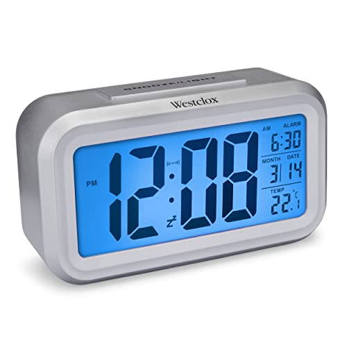 Image of Westclox Alarm Clock with Large Digital Display and Blue Backlight on Demand, Westclox Alarm Clock, Month /Date and Temperature Display with Ascending 5 Minute Snooze Alarm, Silver
