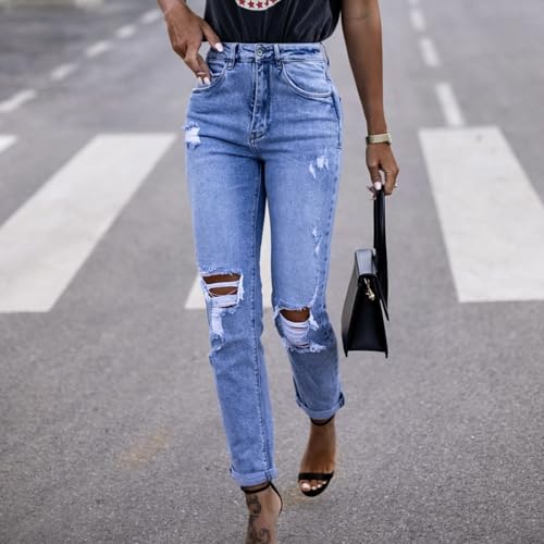 Cropped Jeans for Women Ripped Slim Fit High Rise Capri Jeans Wash Distressed Roll Hem Straight Leg Jean Pockets2