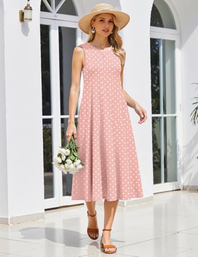 Image of HOTOUCH Summer Casual Dresses for Women Sleeveless Midi Dress Swing Tank Sundress Pleated Tshirt Dress with Pockets