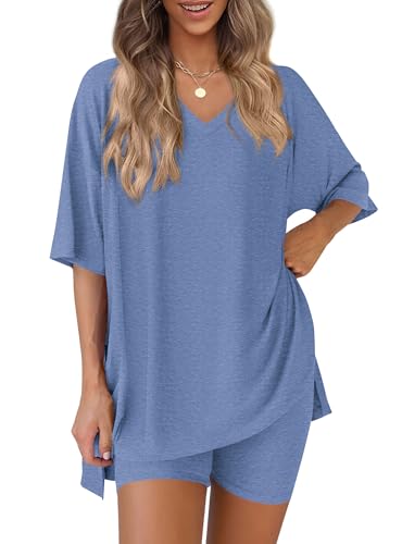 PRETTYGARDEN 2 Piece Sets for Women Summer 2026 Lounge Short Set Spring Matching Biker Shorts V Neck Oversized Shirt Clothing (Grey Blue Small)