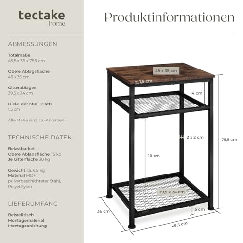 tectake® Beistelltisch Holz und Metall, Couchtisch mit Stauraum auf 3 Ebenen, Tisch Deko Wohnzimmer Möbel, Blumenständer… – Ansicht 6