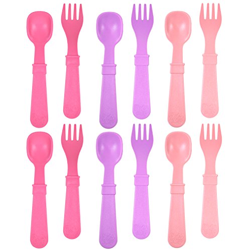 RE-PLAY Made in The USA 12pk Fork and Spoon Utensil Set for Easy Baby Toddler and Child Feeding in Purple Blush and Bright Pink Made from Eco Friendly Heavyweight Recycled Milk Jugs Princess