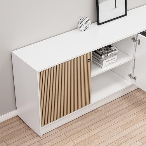 Image of Bniture Luxe Storage Cabinet for Living Room | Wooden Sideboard Cabinet with 3 Door & 3D Textured | Multipurpose Storage Cabinet Organizer for Home, Bedroom & Kitchen | Frosty White & Giant Wood