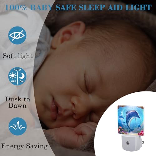 Image of Night Light for Kids Girls Boys, Cute Dolphins in Tropical Sea LED Night Light Plug into Wall with Dusk to Dawn Sensor for Room Decor, Hallway, Kitchen, Bathroom, Nursery, Stairs