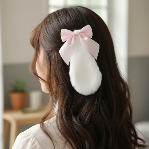 Pinzas para el cabello con orejas de conejo de peluche rosa claro miniatura 5