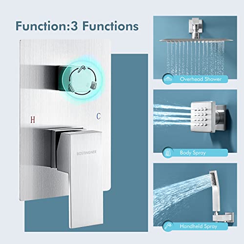 Bostingner Shower Body Sprays Systems, 10 Inch Rain Shower Wall Mounted, All Metal Multiple Shower Head System, Contain Rough-In Shower Valve, Brushed Nickel #TOP6