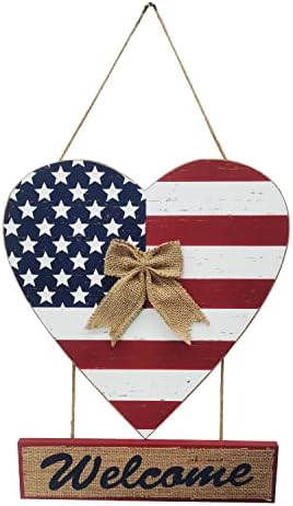 GAPLUM Hanging Wooden Heart with Welcome Sign Patriotic Wall Decoration, Rustic American Flag Front Door Wreath Outdoor Indoor 4th July Hanging Ornament Wall Decor